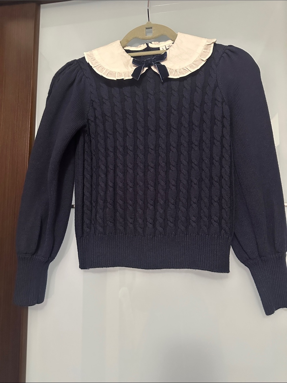 Janie and Jack Navy Cable-Knit Sweater with Cream Ruffled Collar